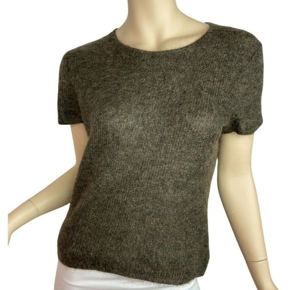 Vintage Anne Klein Sweater Top Fuzzy Knit Crewneck Short Sleeve Brown Small - Picture 1 of 9